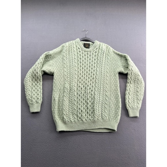 Carraig Donn Sweater Mens Large Green Merino Wool Cable Knit Made in Ireland
